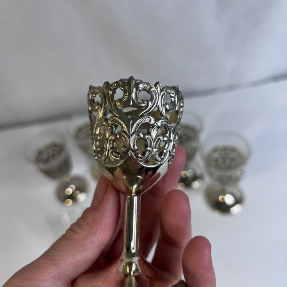 Cordial Liqueur Glasses Silver Filigree Holders Glass Inserts Set of 6 VTG MCM - Picture 4 of 7